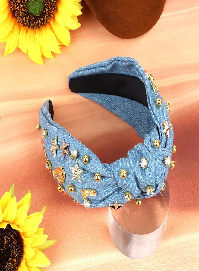 YARIEW Western Cowgirl Headbands for Women - Rhinestone Jeweled Knotted Top Knot Headband for Women Hair Accessories for for Cowgirl Cowboy Western Accessories (Blue) - Image 4
